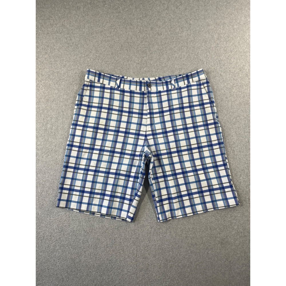 Adidas Golf Shorts Mens 38 Blue White Plaid Performance 10" Inseam Relaxed Fit